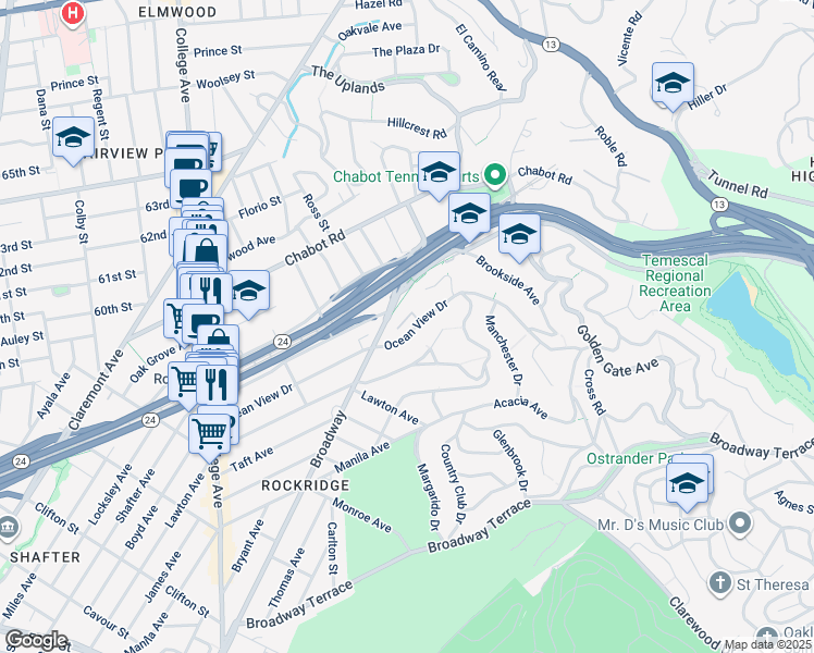 map of restaurants, bars, coffee shops, grocery stores, and more near 6000 Ocean View Drive in Oakland