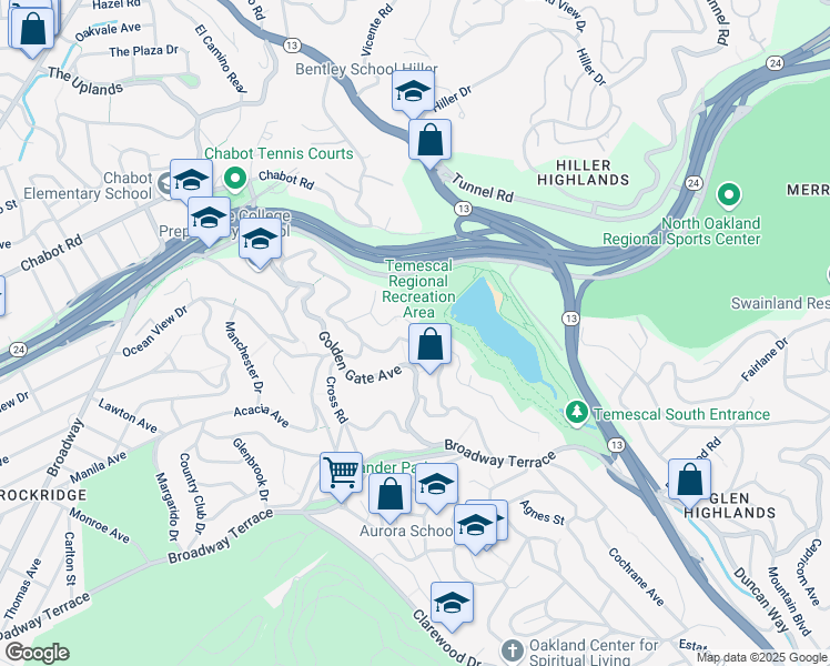 map of restaurants, bars, coffee shops, grocery stores, and more near 6023 Contra Costa Road in Oakland