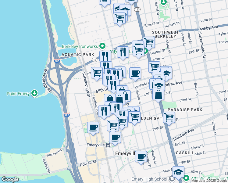 map of restaurants, bars, coffee shops, grocery stores, and more near in Emeryville