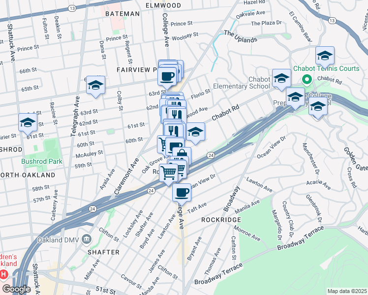 map of restaurants, bars, coffee shops, grocery stores, and more near 5830 Birch Court in Oakland