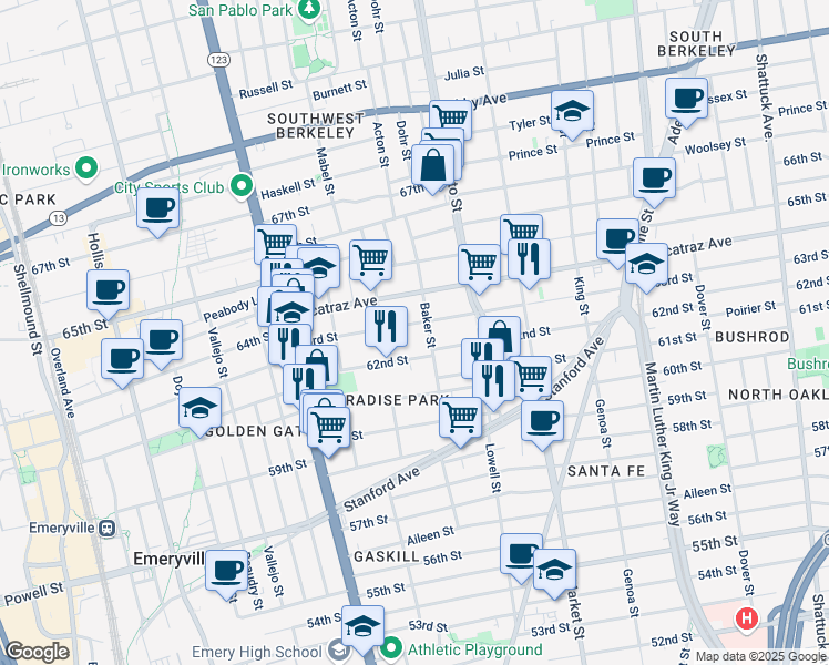 map of restaurants, bars, coffee shops, grocery stores, and more near 993 63rd Street in Oakland