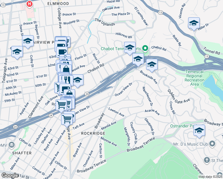 map of restaurants, bars, coffee shops, grocery stores, and more near 5975 Keith Avenue in Oakland