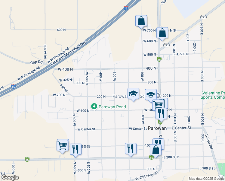 map of restaurants, bars, coffee shops, grocery stores, and more near 243 3rd West Street in Parowan