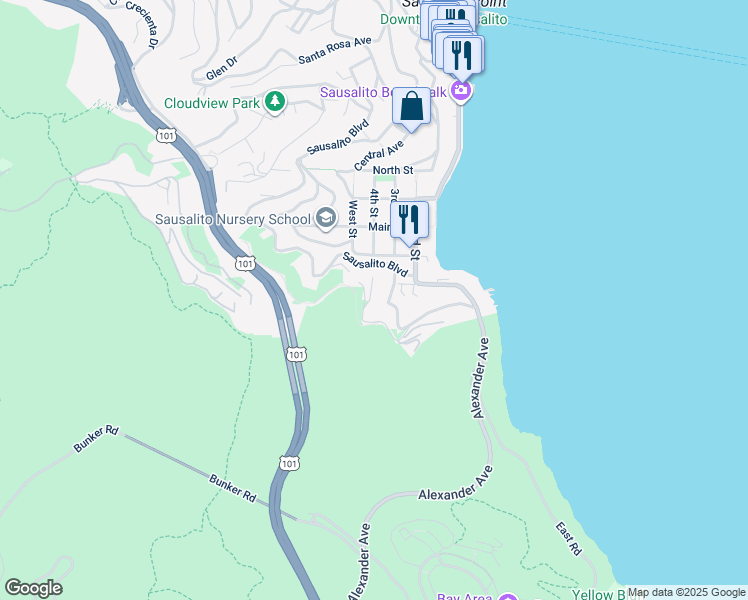 map of restaurants, bars, coffee shops, grocery stores, and more near 92 Marion Avenue in Sausalito
