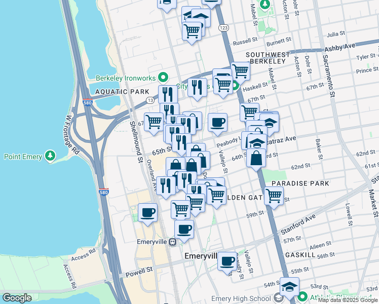 map of restaurants, bars, coffee shops, grocery stores, and more near 52 Glashaus Loop in Emeryville