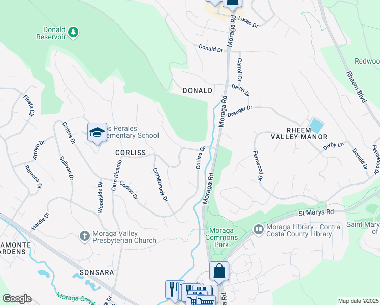 map of restaurants, bars, coffee shops, grocery stores, and more near 19 Lynwood Place in Moraga