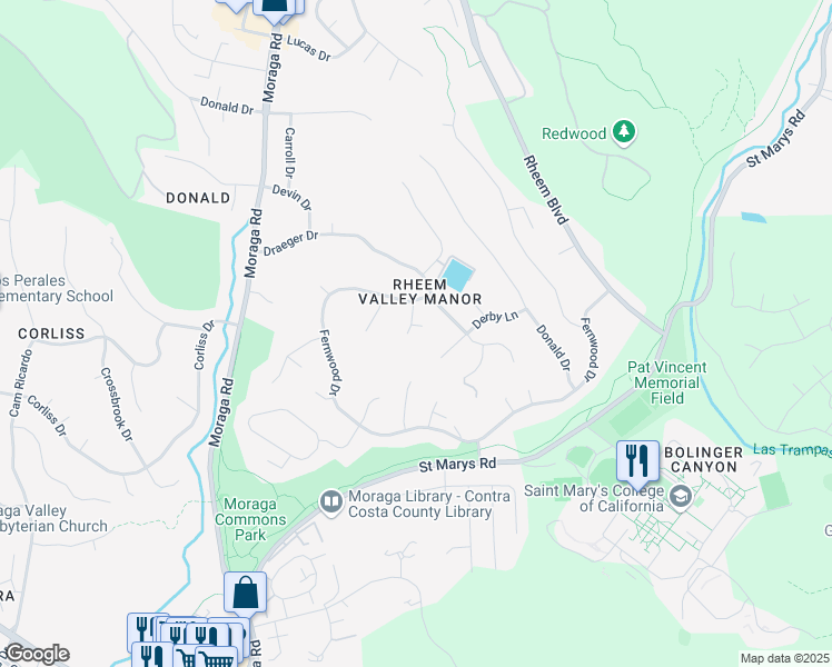 map of restaurants, bars, coffee shops, grocery stores, and more near 35 Kent Court in Moraga