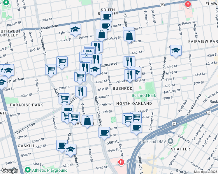 map of restaurants, bars, coffee shops, grocery stores, and more near 732 61st Street in Oakland
