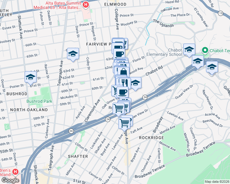 map of restaurants, bars, coffee shops, grocery stores, and more near 5916 Chabot Road in Oakland