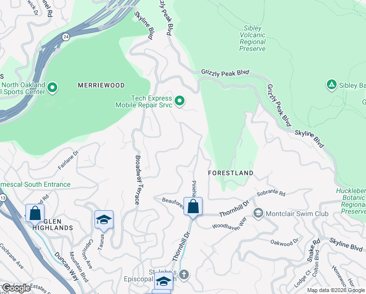 map of restaurants, bars, coffee shops, grocery stores, and more near 6925 Pinehaven Road in Oakland