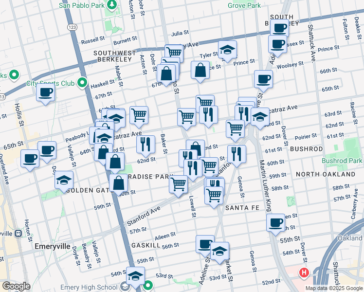 map of restaurants, bars, coffee shops, grocery stores, and more near 963 63rd Street in Oakland
