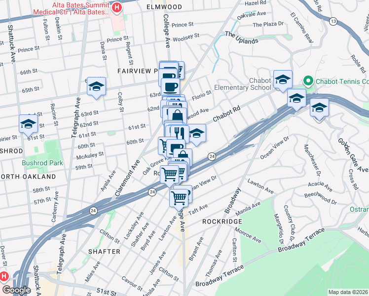 map of restaurants, bars, coffee shops, grocery stores, and more near 5830 Birch Court in Oakland