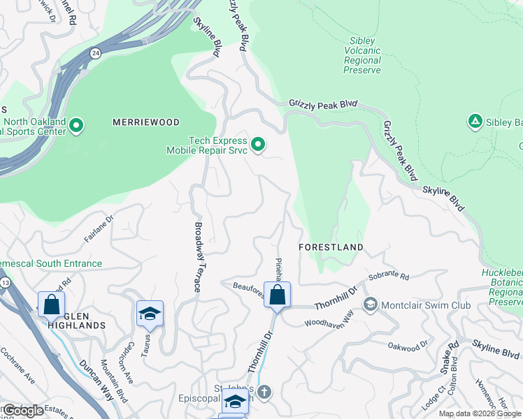 map of restaurants, bars, coffee shops, grocery stores, and more near 6925 Pinehaven Road in Oakland