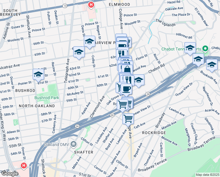 map of restaurants, bars, coffee shops, grocery stores, and more near 5918 Claremont Avenue in Oakland