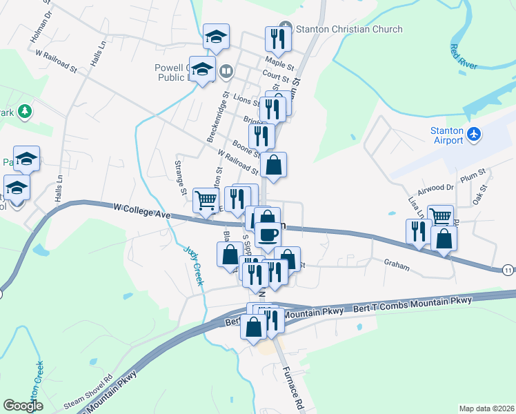 map of restaurants, bars, coffee shops, grocery stores, and more near 65 North Main Street in Stanton