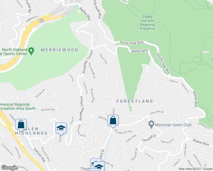 map of restaurants, bars, coffee shops, grocery stores, and more near 6931 Pinehaven Road in Oakland