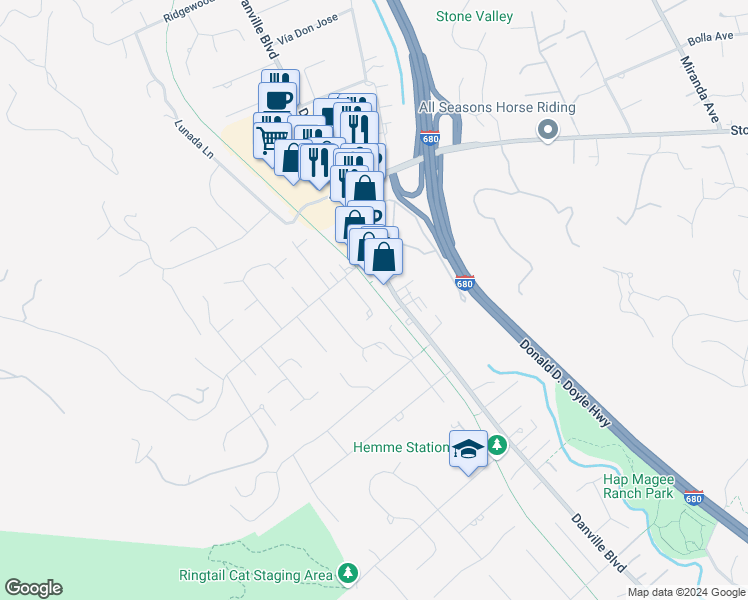 map of restaurants, bars, coffee shops, grocery stores, and more near 126 Linhares Lane in Alamo