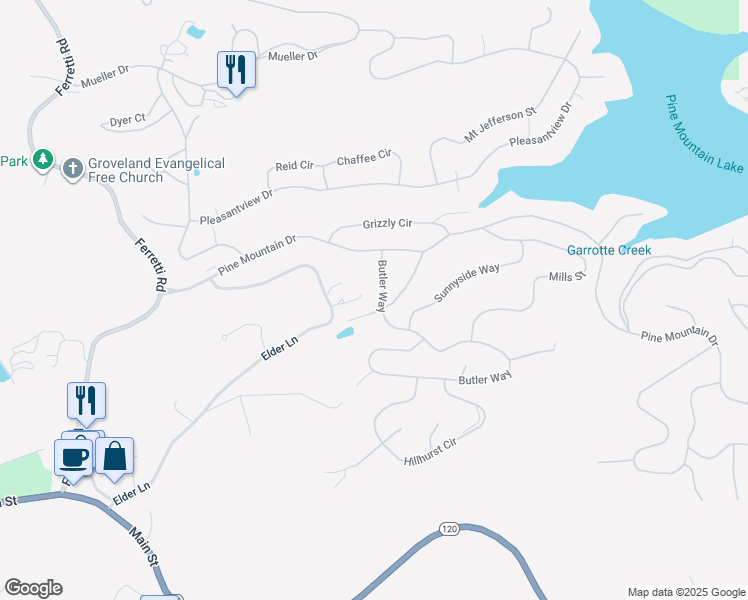 map of restaurants, bars, coffee shops, grocery stores, and more near 19574 Butler Way in Groveland