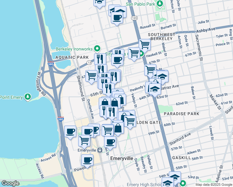map of restaurants, bars, coffee shops, grocery stores, and more near 61 Glashaus Loop in Emeryville