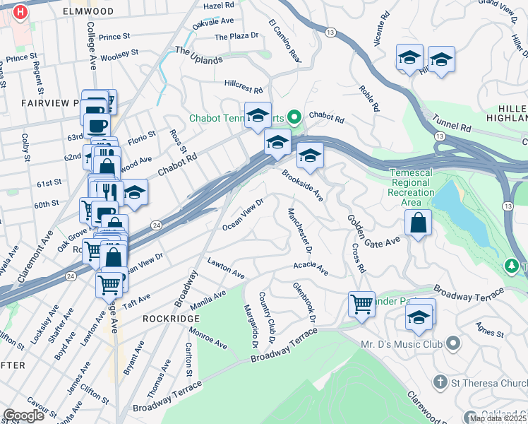 map of restaurants, bars, coffee shops, grocery stores, and more near 6144 North Rockridge Boulevard in Oakland