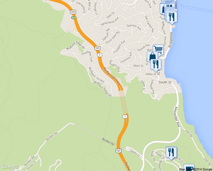 map of restaurants, bars, coffee shops, grocery stores, and more near 1 Canto Gal in Sausalito