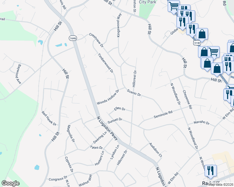 map of restaurants, bars, coffee shops, grocery stores, and more near 922 Woods Hollow Drive in Radcliff