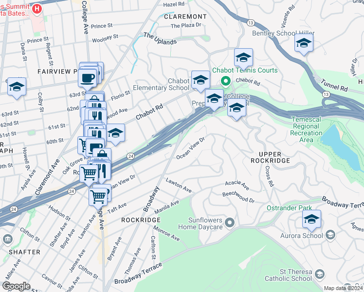 map of restaurants, bars, coffee shops, grocery stores, and more near 6000 Ocean View Drive in Oakland