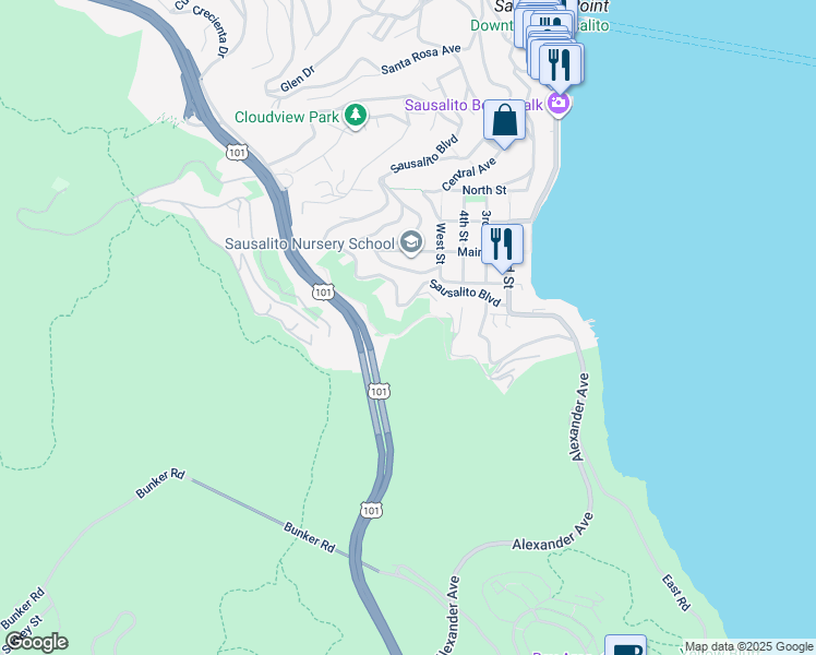 map of restaurants, bars, coffee shops, grocery stores, and more near Hecht Avenue in Sausalito