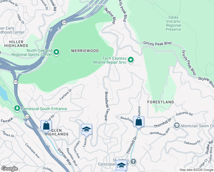 map of restaurants, bars, coffee shops, grocery stores, and more near 6553 Farallon Way in Oakland