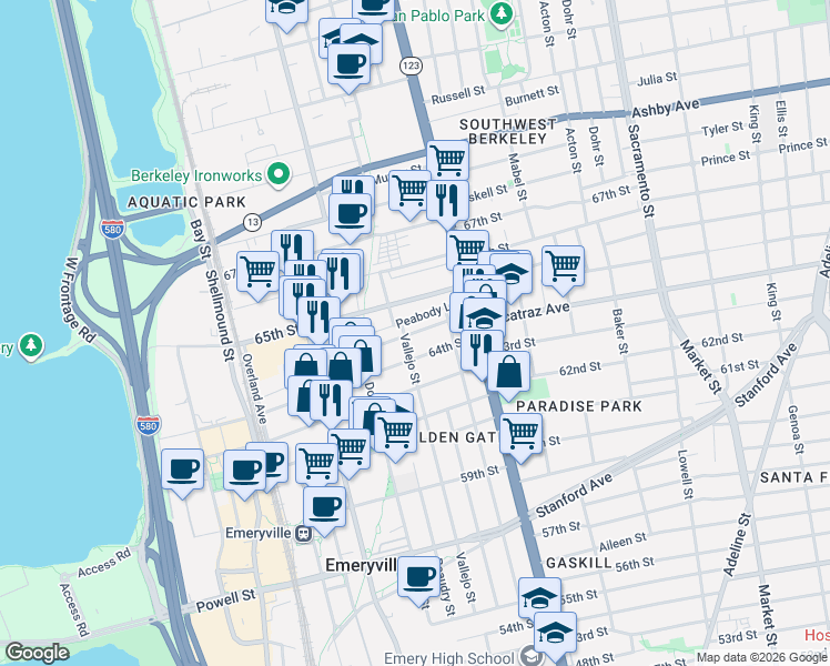 map of restaurants, bars, coffee shops, grocery stores, and more near 1197 Ocean Avenue in Oakland