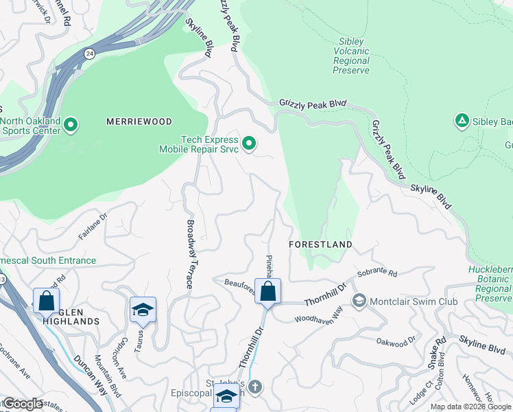 map of restaurants, bars, coffee shops, grocery stores, and more near 6925 Pinehaven Road in Oakland