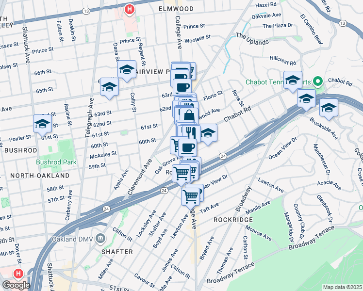 map of restaurants, bars, coffee shops, grocery stores, and more near 5916 Chabot Road in Oakland