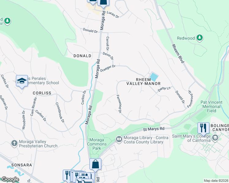 map of restaurants, bars, coffee shops, grocery stores, and more near 2 Willow Springs Lane in Moraga