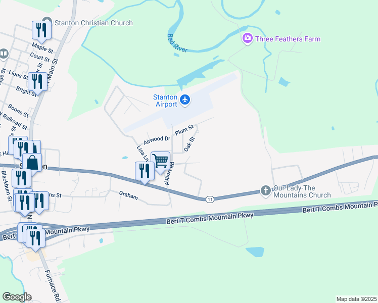 map of restaurants, bars, coffee shops, grocery stores, and more near 45 Oak Street in Stanton