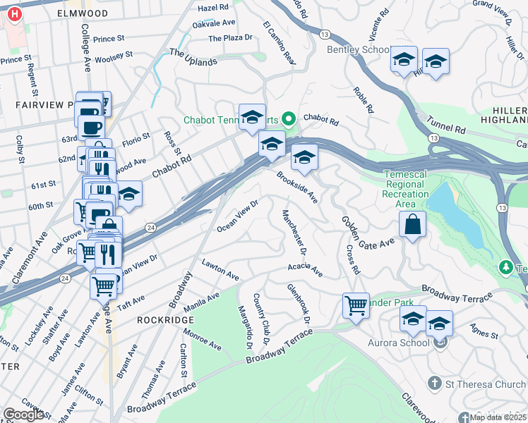 map of restaurants, bars, coffee shops, grocery stores, and more near 6051 Margarido Drive in Oakland