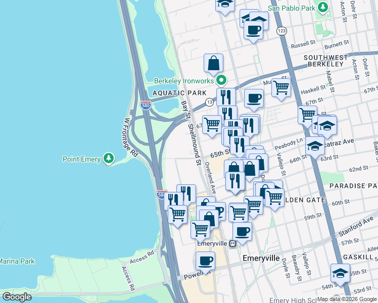 map of restaurants, bars, coffee shops, grocery stores, and more near 6501 Shellmound Street in Emeryville