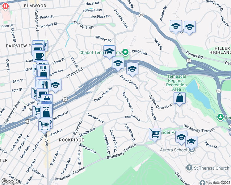 map of restaurants, bars, coffee shops, grocery stores, and more near 6051 Margarido Drive in Oakland