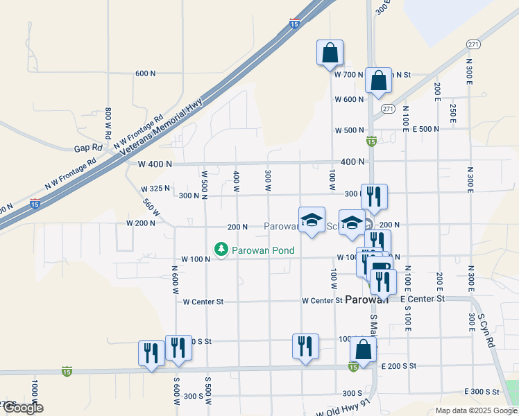 map of restaurants, bars, coffee shops, grocery stores, and more near 243 3rd West Street in Parowan