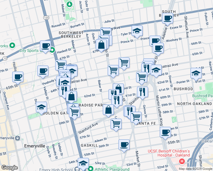map of restaurants, bars, coffee shops, grocery stores, and more near 963 63rd Street in Oakland