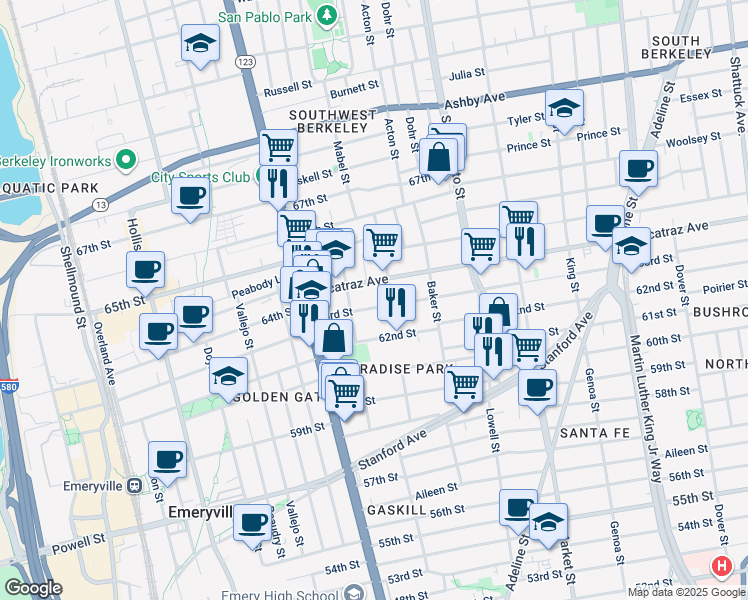 map of restaurants, bars, coffee shops, grocery stores, and more near 1037 63rd Street in Oakland