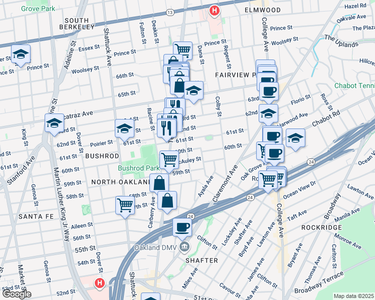 map of restaurants, bars, coffee shops, grocery stores, and more near Canning Street in Oakland
