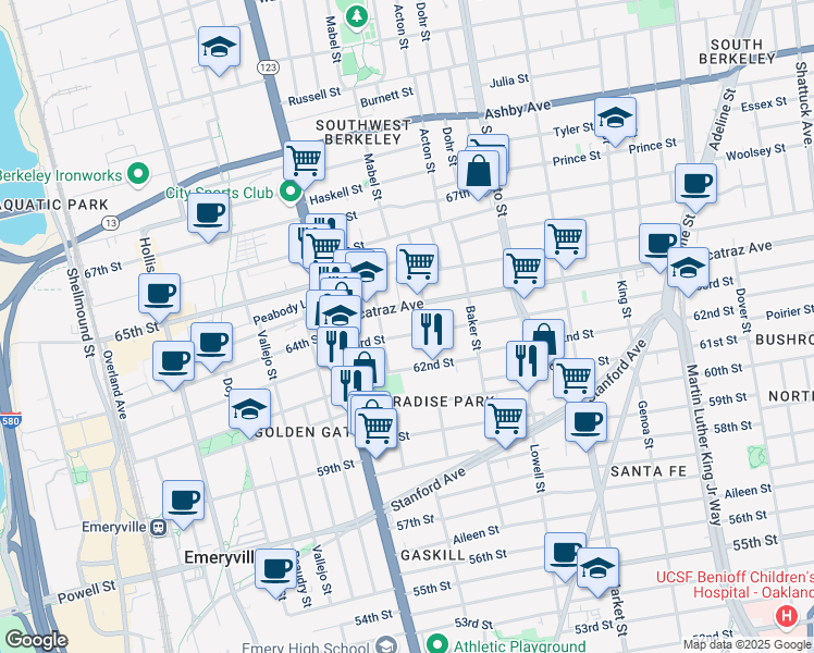 map of restaurants, bars, coffee shops, grocery stores, and more near 1037 63rd Street in Oakland