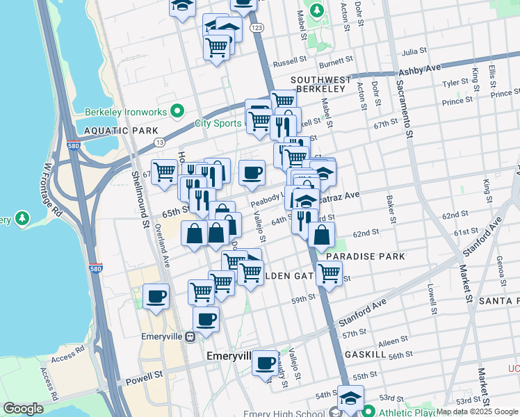 map of restaurants, bars, coffee shops, grocery stores, and more near 1197 Ocean Avenue in Oakland