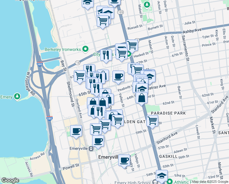 map of restaurants, bars, coffee shops, grocery stores, and more near in Emeryville