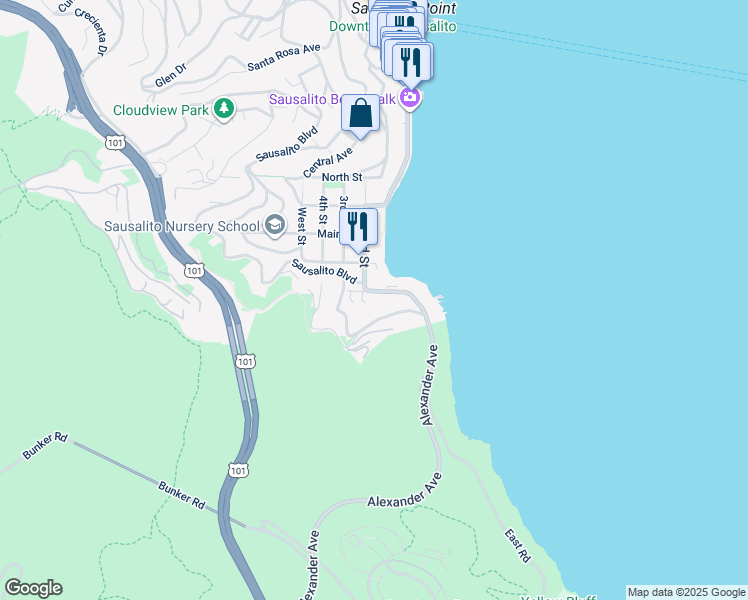 map of restaurants, bars, coffee shops, grocery stores, and more near 311 South Street in Sausalito