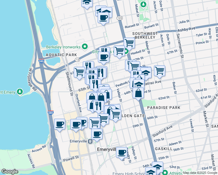 map of restaurants, bars, coffee shops, grocery stores, and more near in Emeryville