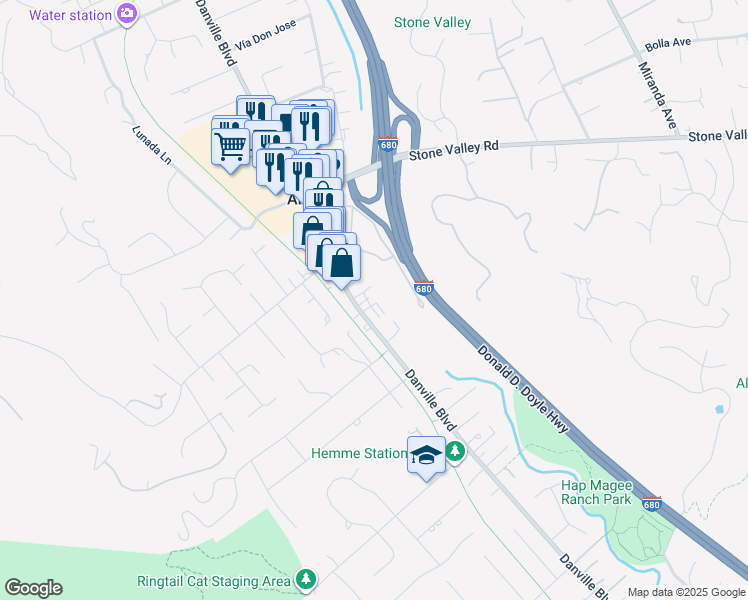 map of restaurants, bars, coffee shops, grocery stores, and more near 20 Casa Maria Court in Alamo