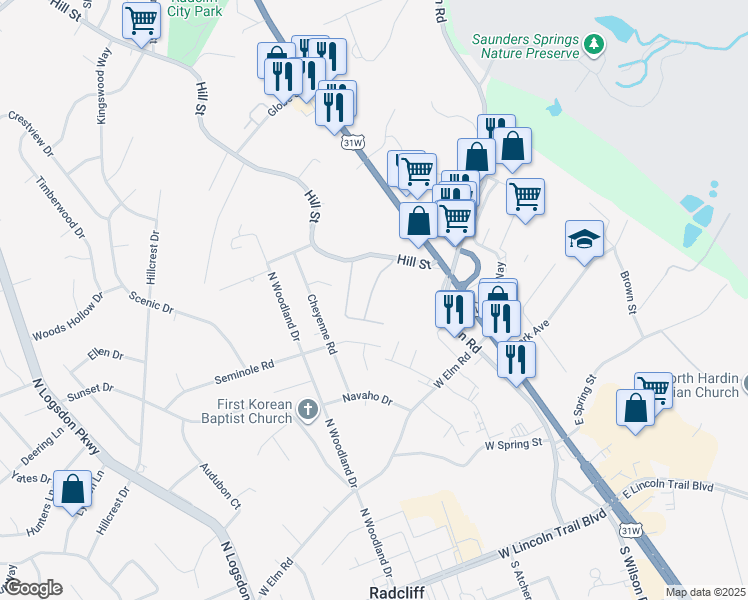 map of restaurants, bars, coffee shops, grocery stores, and more near 29 Commanche Lane in Radcliff