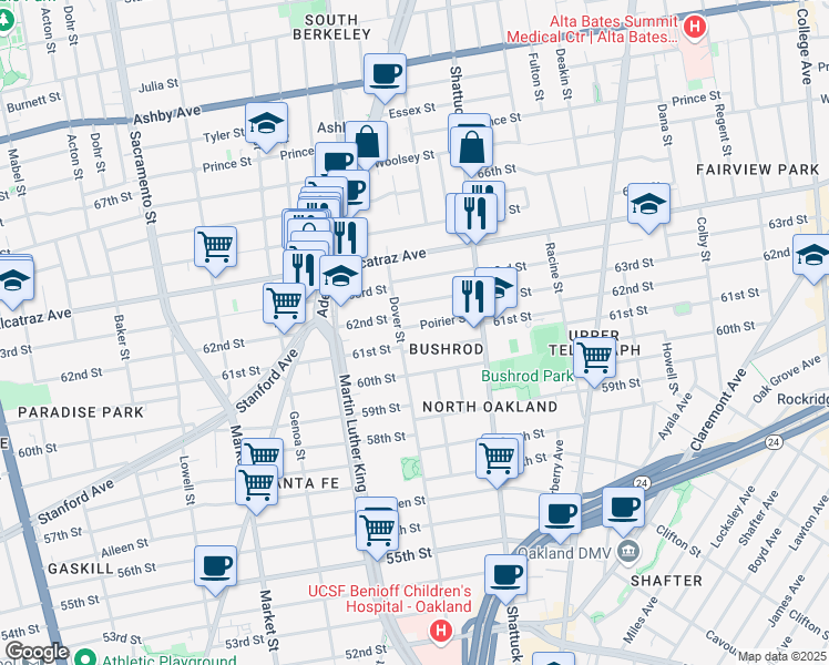 map of restaurants, bars, coffee shops, grocery stores, and more near 677 Poirier Street in Oakland