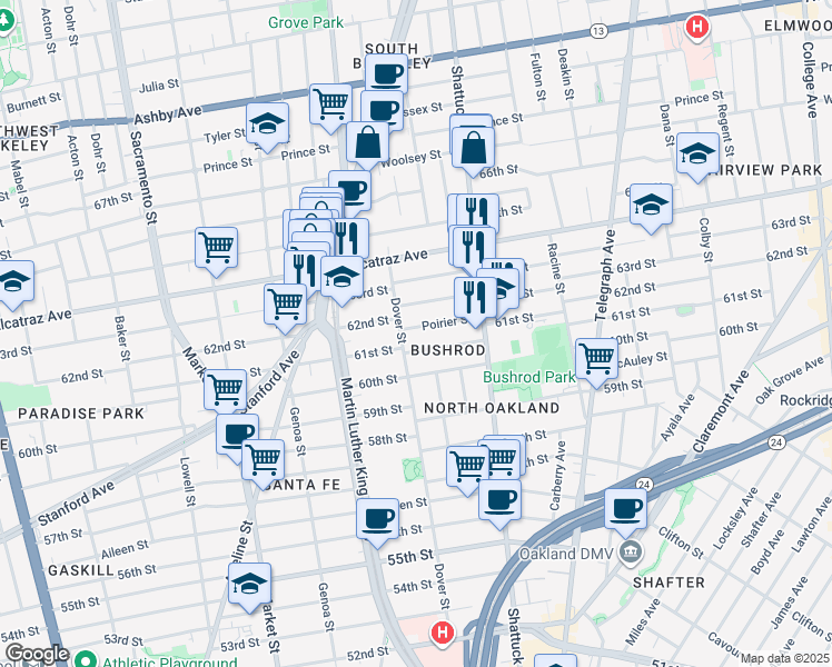 map of restaurants, bars, coffee shops, grocery stores, and more near 677 Poirier Street in Oakland